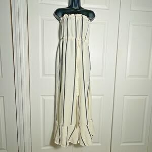 Anthropologie Sancia Jumpsuit Women Small Beige Stripe Linen Blend Wide Leg Slit